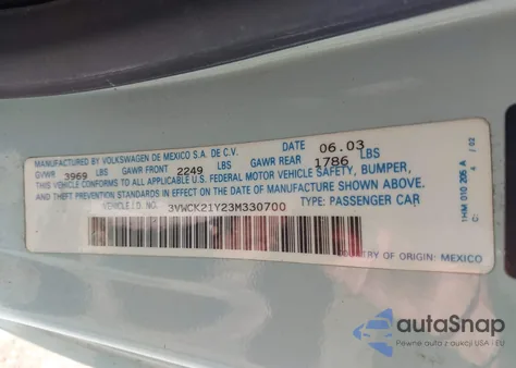 2003 Volkswagen New Beetle Gls from USA, damaged, VIN 3VWCK21Y23M330700